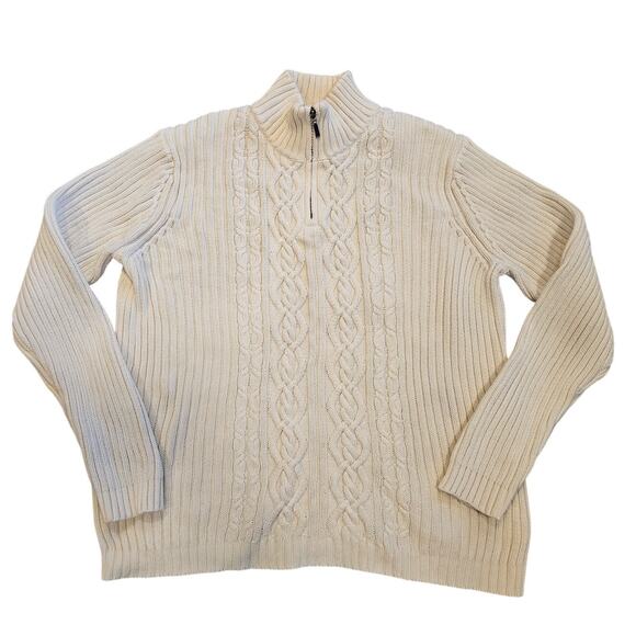 Lands End Cream Fisherman Cable Knit Mock Neck 1/4 Zip Sweater sz Medium Basic - Picture 1 of 5